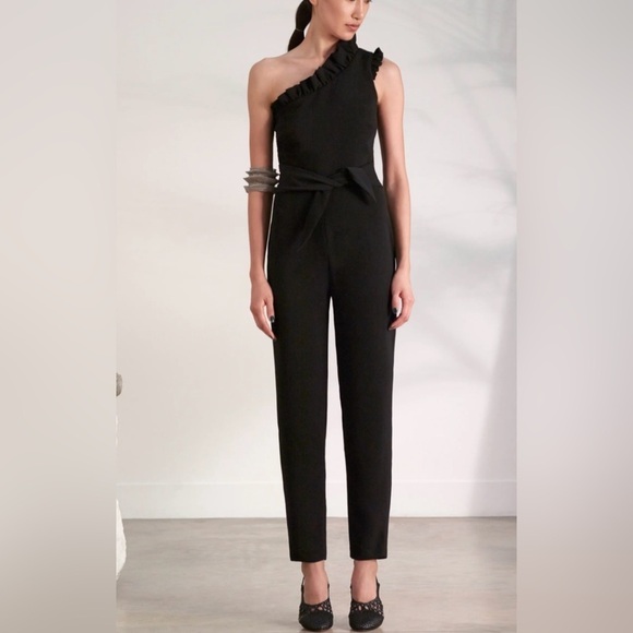 Saloni jumpsuit size 4 black one shoulder crepe front tie evening wear​​​​​ - Picture 1 of 11